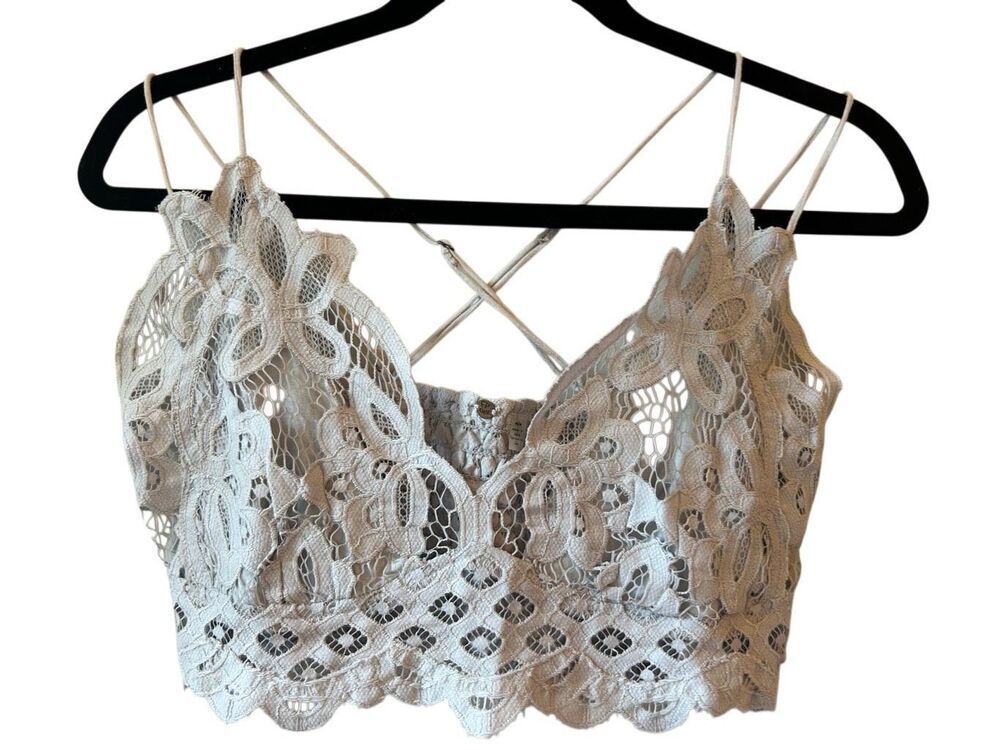 Free People One Adele Eyelet lace Bralette light gray sz Medium boho festival la